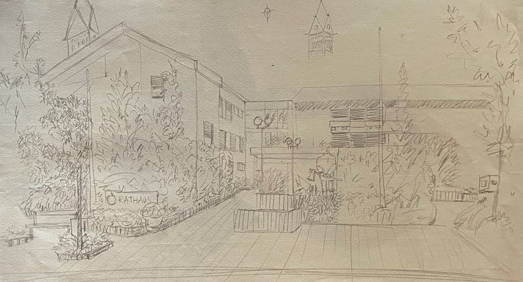 Rathaus Ketsch, Shihab Vaippipadath, undatiert, Zeichnung, Papier, 49x31cm, ID1744