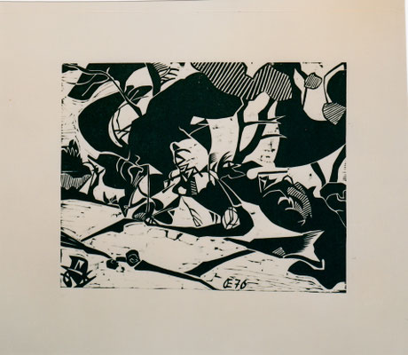 Altrhein bei Ketsch, II, sw, Otto Eberhardt, 1976, Holzschnitt, Papier, 42x33cm, ID1183