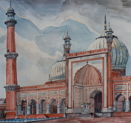 Dehli, Jama Masjid, Otto Eberhardt, 1997, Aquarell, Papier, 64x58cm, ID1495