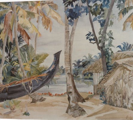 Kallummoottil QN Kerla, Ship-yard II, Otto Eberhardt, 1996, Aquarell, Papier, 64x56, ID1092