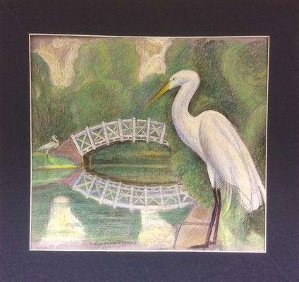 Silberreiher im Schlosspark, Alexandr Zlatkin, , Ölkreide, Papier, 49x44, ID1325