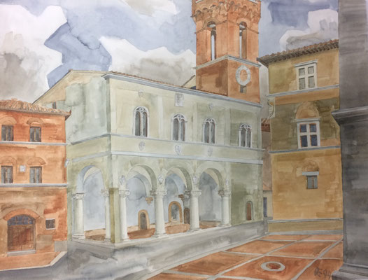 Pienza, Pzza Pio II, Otto Eberhardt, 1994, Aquarell, Papier, 64x48cm, ID1541