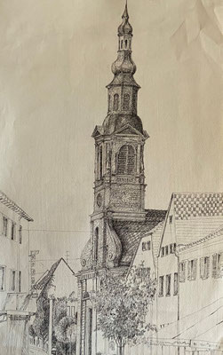Evangelische Stadtkirche Schwetzingen, Shihab Vaippipadath, undatiert, Zeichnung, Papier, 31x49cm, ID1743