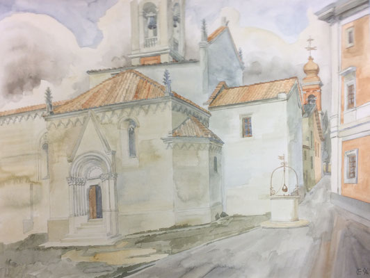 San Quirico d'Orcia, La Collegiata, Otto Eberhardt, 1994, Aquarell, Papier, 64x48cm, ID1568