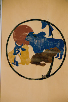 Zebu II auf Gelb, Otto Eberhardt, 1989, Holzschnitt, Papier, 53x83cm, ID1250