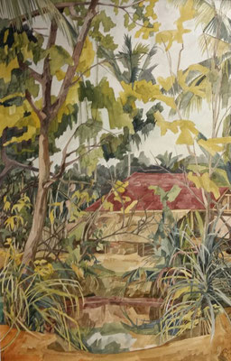 Kerala, Haus Balakrishnan, Otto Eberhardt, 2002, Aquarell, Papier, 45x69cm, ID1451