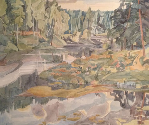Siversky Fluß mit Brücke von anderer Seite, Otto Eberhardt, 1997, Aquarell, Papier, 60x52,5cm, ID1682