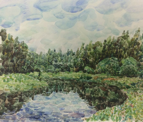 landschaft mit See, Alexandr Zlatkin, undatiert, Aquarell, Papier, 30x21cm, ID1389