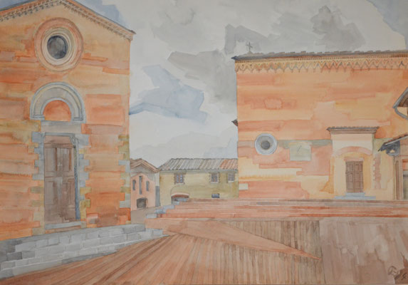 San Gimingiano, Pzza San Agostino, Otto Eberhardt, 1994, Aquarell, Papier, 64x48cm, ID1441