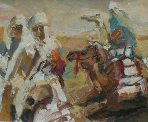 "Lagerplatz der Dromedare",2005,Eitempera/Malpapier,50x60