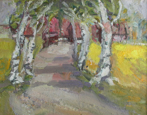 "Birkenallee mit Rapsfeld", 2004,Eitempera/Malpapier,40x50