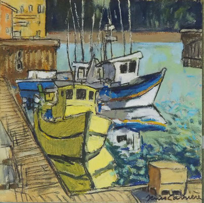 220-Cap Breton, le port, technique mixte (fusain, pastel, huile) sur bois médium, format 30 cm x 30 cm, prix : 220 €