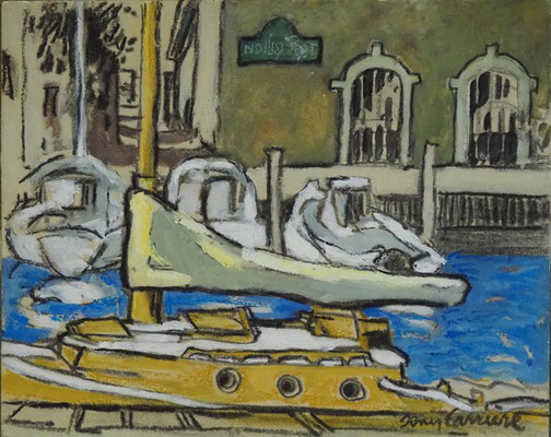 211-Marseillan, le vieux voilier, technique mixte (fusain, pastel, huile) sur bois médium, format 25 cm x 20 cm, prix : 160 €