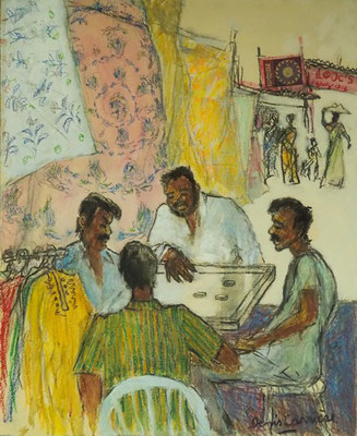 63-Agonda, joueurs de Cazum, technique mixte (fusain, pastel, huile) sur bois médium, 50 cm x 61 cm, prix : 650 €