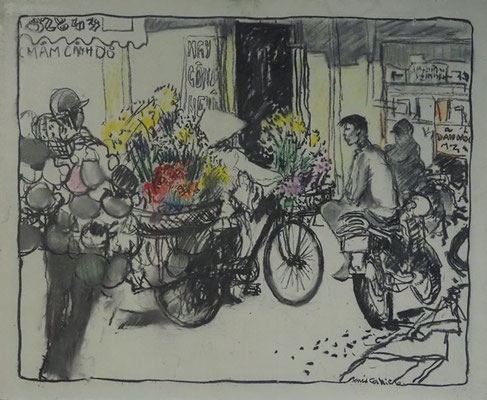 59-vietnam, Hanoï taxi moto, technique mixte (fusain, pastel, huile) sur bois médium, 50 cm x 61 cm, prix : 650 €