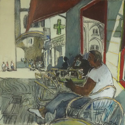 73-Narbonne, café le soleil noir, technique mixte (fusain, pastel, huile) sur bois médium, format 50 cm x 50 cm, prix : 450 €
