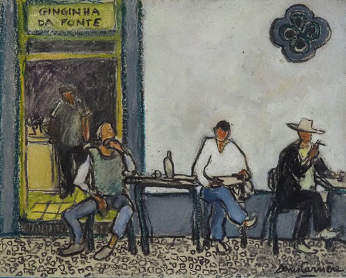 221-Tavira, Ginginha da fonte, technique mixte (fusain, pastel, huile) sur bois médium, 30 cm x 24 cm, prix : 220 € 