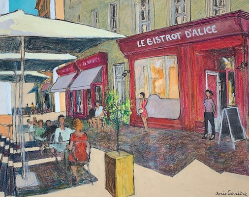 50-Carcassonne, le bistrot d'Alice, Technique mixte (fusain, pastel, huile), sur bois médium, format 92 cm x 73 cm, prix : 1100 €