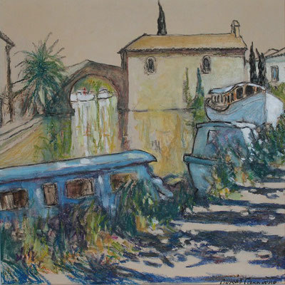 234- Le Somail, chemin de hallage, Technique mixte (fusain, pastel, huile), sur bois médium, format 43 cm x 43 cm, prix : 320 €