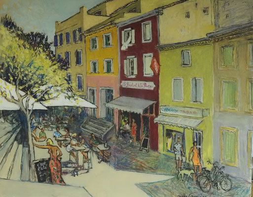 46-Leucate, c'est l'été, technique mixte (fusain, pastel, huile) sur bois médium, format 73 cm x 92 cm, prix : 1100 €