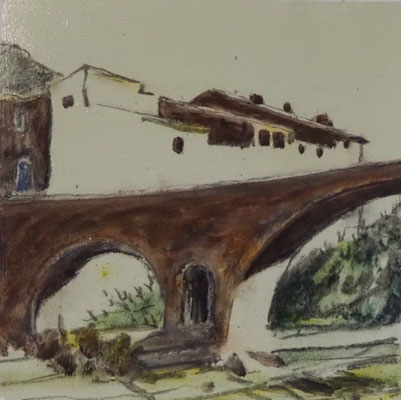 203-Lagrasse, le pont, technique mixte (fusain, pastel, huile) sur bois médium, format 25 cm x 25 cm, prix : 220 €