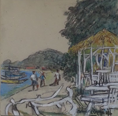 213-Bali, île Lambogan, technique mixte (fusain, pastel, huile) sur bois médium, 20 cm x 20 cm, prix : 160 €