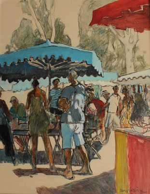 48- Narbonne, le marché, Technique mixte (fusain, pastel, huile), sur bois médium, format 73 cm x 92 cm, prix : 1100 €
