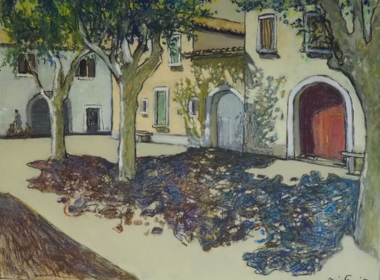 1-Caves, rue de la mairie, technique mixte (fusain, pastel, huile) sur bois médium, format 60 cm x 80 cm, prix : 850 €