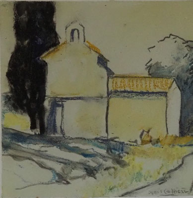 207-La chapelle,  technique mixte (fusain, pastel, huile) sur bois médium, format 25 cm x 25 cm, prix : 220 €