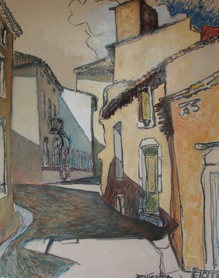 238- Villespassans, la rue de la Victoire, Technique mixte (fusain, pastel, huile), sur bois médium, format 73 cm x 92 cm, prix : 1100 €