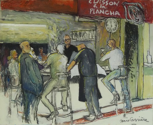 15-Narbonne, les Halles café du matin, technique mixte (fusain, pastel, huile) sur bois médium, format 60 cm x 73 cm, prix : 850 €
