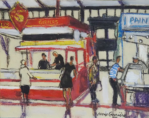 226-Narbonne, les halles chez Didier, technique mixte (fusain, pastel, huile) sur bois médium, format 35 cm x 27.5 cm, prix : 280 €