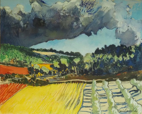 43-Route de Saint Jean du Minervois, technique mixte (fusain, pastel, huile) sur bois médium, format 65 cm x 81 cm, prix : 950 €