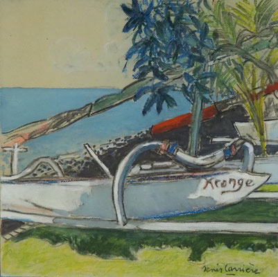 225-Bali, Amed pirogues, technique mixte (fusain, pastel, huile) sur bois médium, 30 cm x 30 cm, prix : 220 €