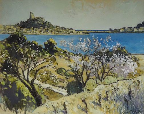 29-Gruissan, amandiers en fleurs, technique mixte (fusain, pastel, huile) sur bois médium, format 65 cm x 81 cm, prix : 950 €