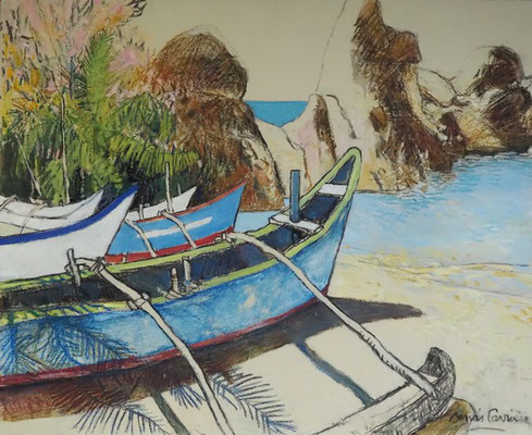 5-Holley Cross, Agonda beach, technique mixte (fusain, pastel, huile) sur bois médium, 60 cm x 73 cm, prix : 850 €