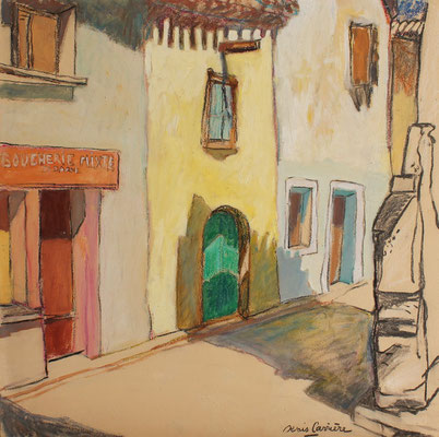 72- Saint-Chinian, boucherie mixte, Technique mixte (fusain, pastel, huile), sur bois médium, format 50 cm x 50 cm, prix : 450 €