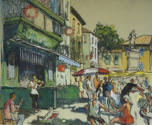 14-Olonzac, café de la poste musiciens, technique mixte (fusain, pastel, huile) sur bois médium, format 60 cm x 73 cm, prix : 850 €