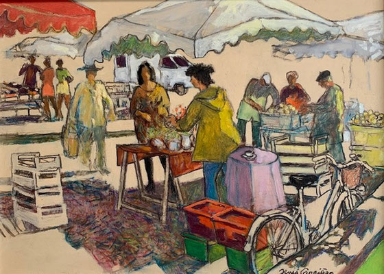 40-Narbonne, le marché bio, Technique mixte (fusain, pastel, huile), sur bois médium, format 84 cm x 61 cm, prix : 950 €