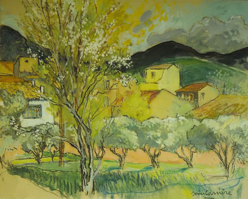 30-Pierrerue, Printemps, technique mixte (fusain, pastel, huile) sur bois médium, format 65 cm x 81 cm, prix : 950 €