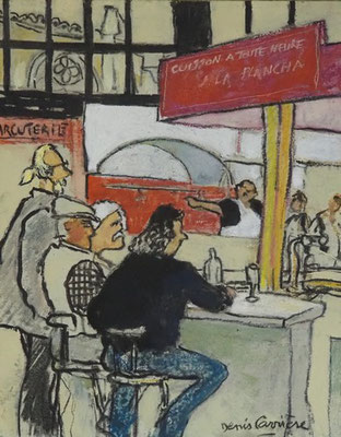 224-Narbonne, les halles comptoir, technique mixte (fusain, pastel, huile) sur bois médium, format 30 cm x 24 cm, prix : 220 €
