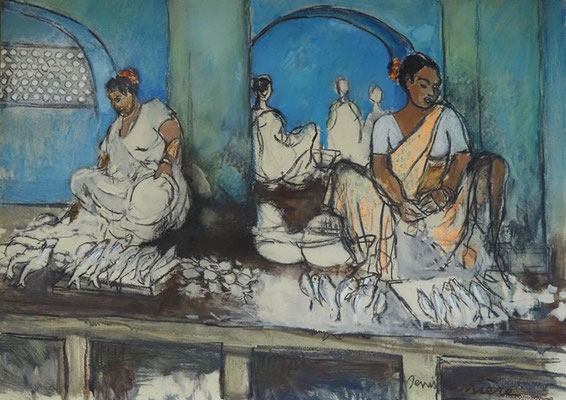 41-Chaude, marché aux poissons, technique mixte (fusain, pastel, huile) sur bois médium, 61 cm x 84 cm, prix : 950 €