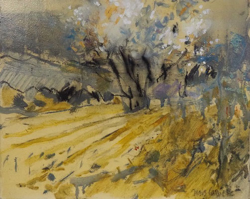 222-Amandiers, couchant, technique mixte (fusain, pastel, huile) sur bois médium, format 27.5 cm x 22 cm, prix : 220 €