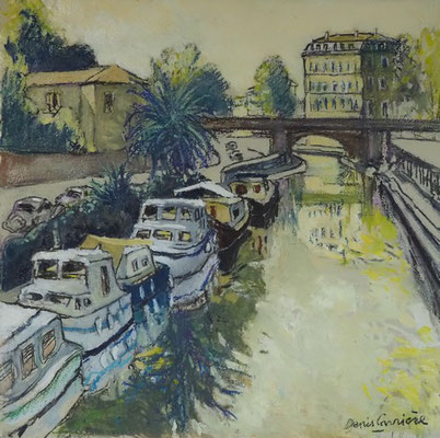 70-Narbonne, de la passerelle, Technique mixte (fusain, pastel, huile) sur bois médium, format 50 cm x 50 cm, prix : 450 €