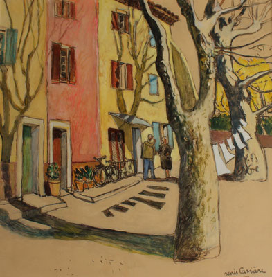 228- Saint-Chinian, quai Villeneuve, Technique mixte (fusain, pastel, huile), sur bois médium, format 80 cm x 80 cm, prix : 1100 €