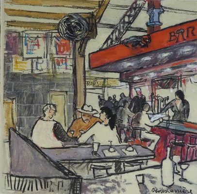 214-Narbonne, les halles chez Fourmi, Technique mixte (fusain, pastel, huile) sur bois médium, format 36 cm x 36 cm, prix : 320 €