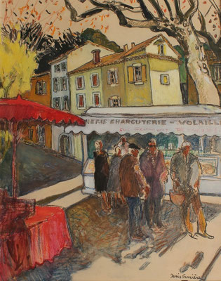 36- Saint-Chinian, le charcutier, Technique mixte (fusain, pastel, huile), sur bois médium, format 65 cm x 81 cm, prix : 950 €