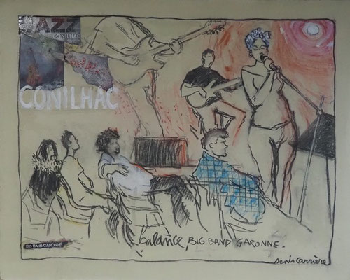 39-Jazz à Conilhac, balances, technique mixte (fusain, pastel, huile) sur bois médium, format 65 cm x 81 cm, prix : 950 €