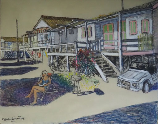52-Gruissan, le vieux chalet, technique mixte (fusain, pastel, huile) sur bois médium, format 73 cm x 92 cm, prix : 1100 €