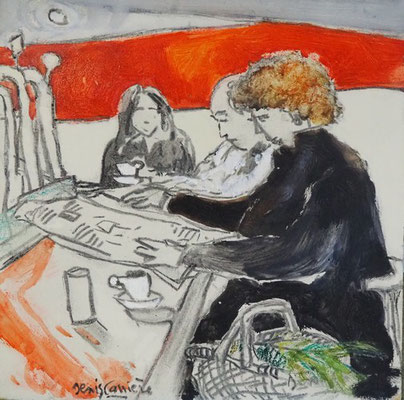 202-Narbonne, les Halles chez Stephan, technique mixte (fusain, pastel, huile) sur bois médium, format 25 cm x 25 cm, prix : 220 €